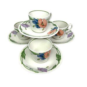 Villeroy & Boch Amapola Porcelain Espresso Tea Cups & Saucers Set Of 4